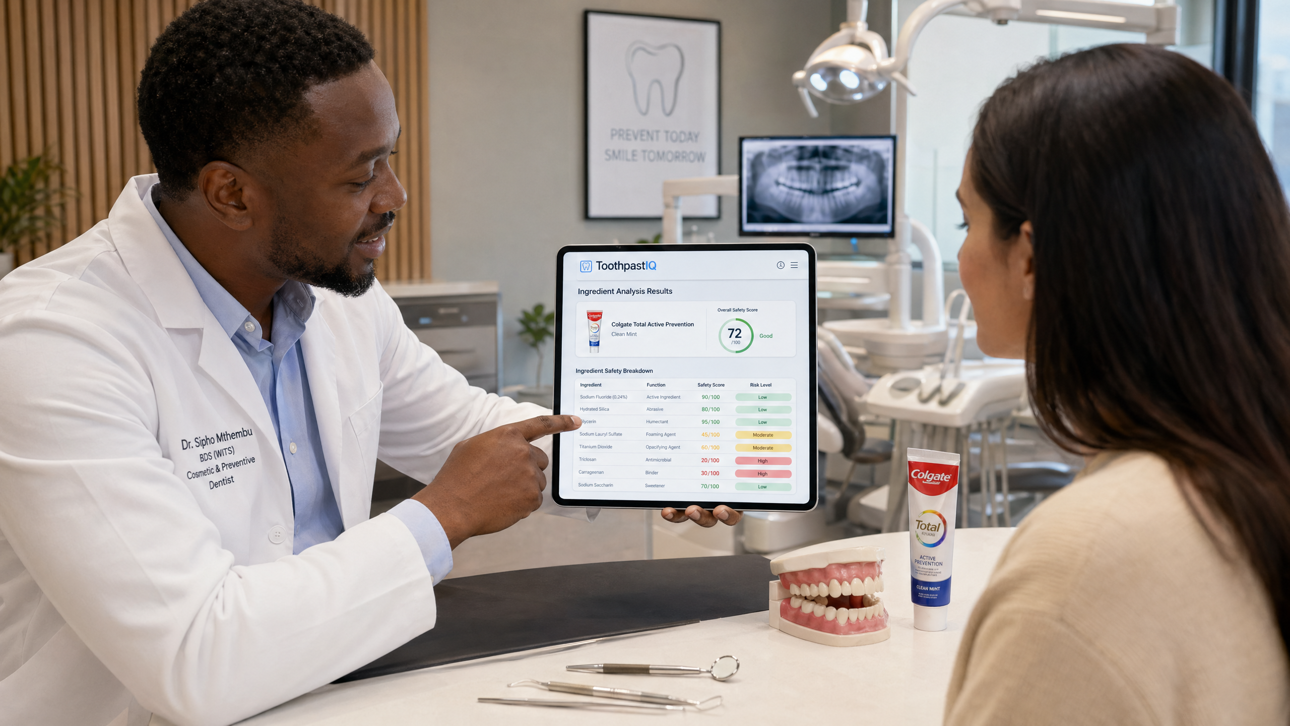 South African dentist using ToothpastIQ on tablet